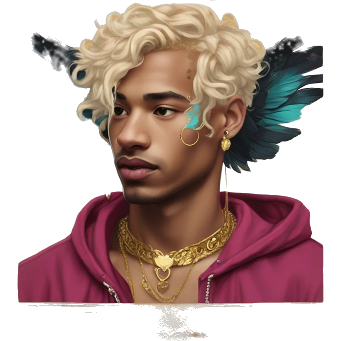 Vintage painting swirls gold jewellery baroque raven wings angel tropical Deep pink maroon burgundy cyan dark hoodie man vitiligo dyed hair gold piercings nose piercing ear piercings emoji