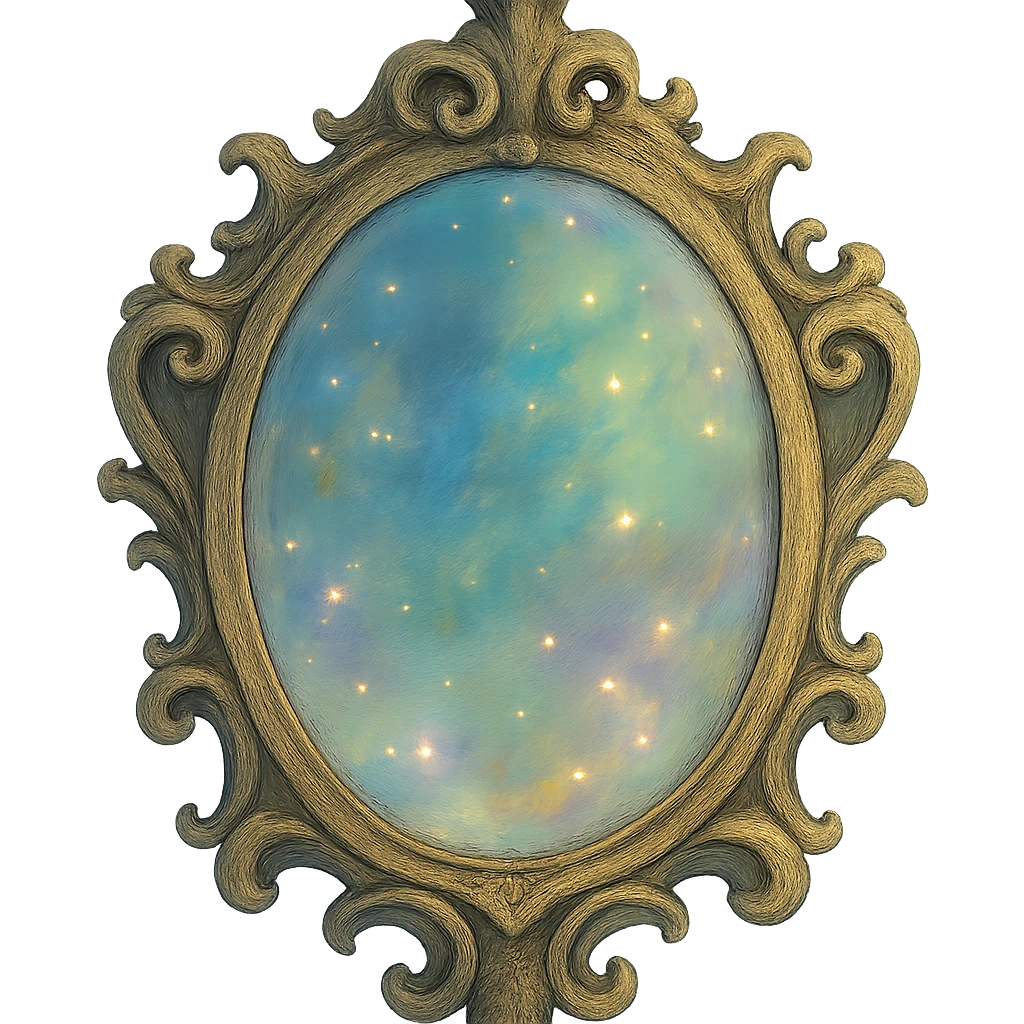 enchanted mirror with ornate frame, dreamy lighting, soft painterly textures, magical and whimsical emoji