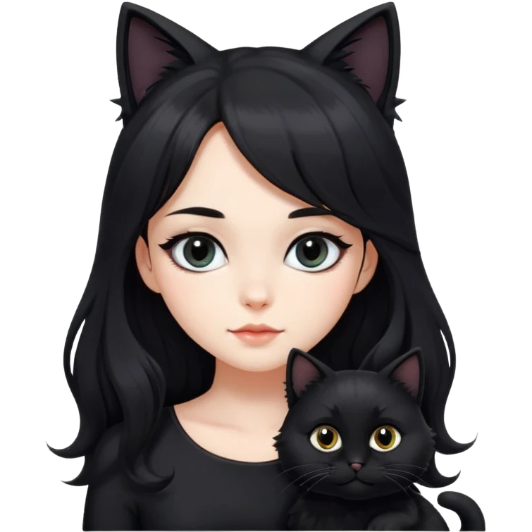 a beautiful girl with long black hair and black furry cat. She is wearing a black dress and has wave-like hair. bigger eyes and the distance between left&right eyes is closer emoji