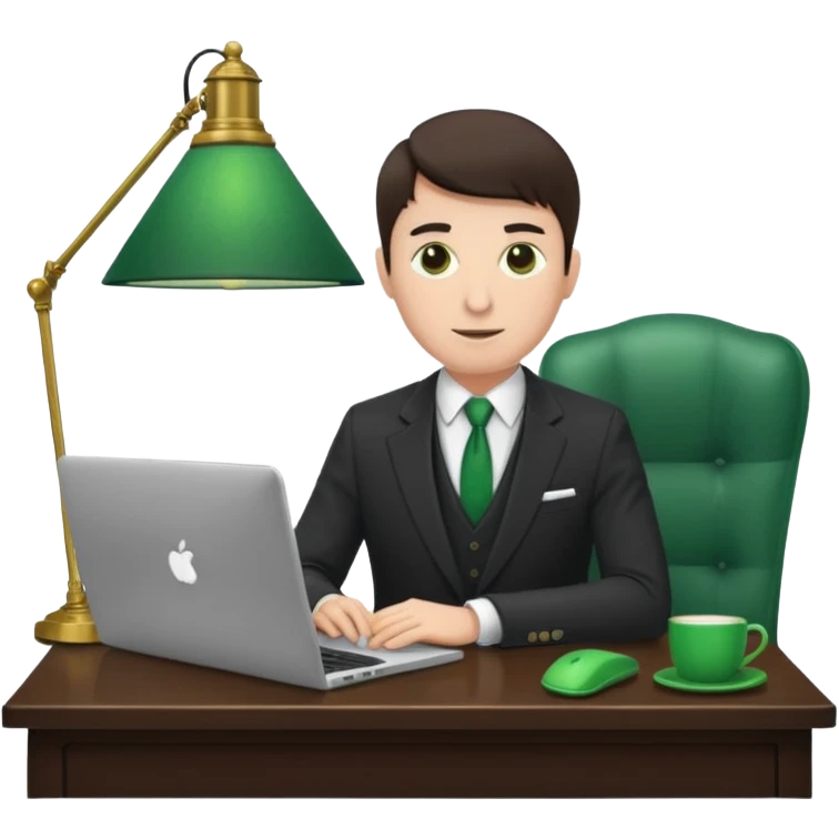 Mach mir einen Trader mit Anzug der mit seinem Laptop am schreibtisch sitzt mit so einer alten grünenlampenschirm lampe emoji