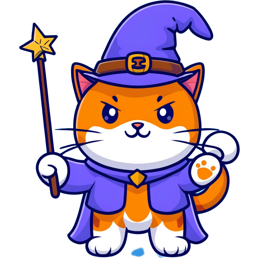 orange cat wearing wizard hat with magic wand emoji