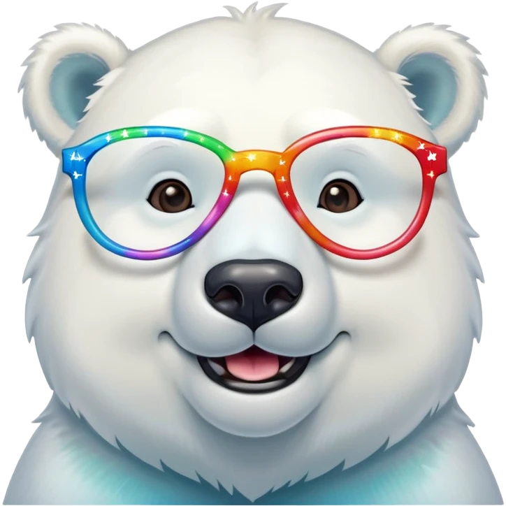 head and shoulders of a friendly anthropomorphised polar bear smiling, wearing large multicolored star-shaped glasses emoji