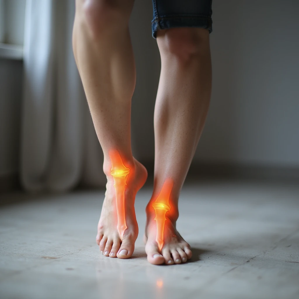 adult woman with expression of pain in foot and knees, caused by orthotic insole, realistic style, anatomical details, neutral environment emoji