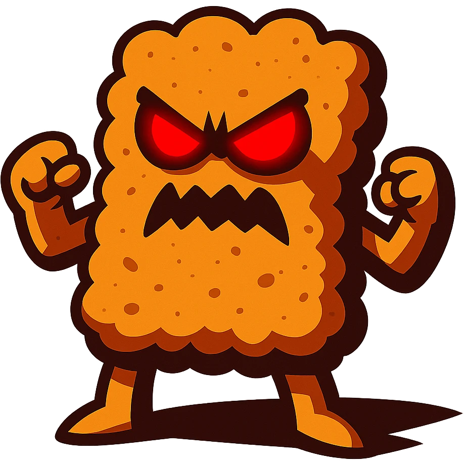 evil schnitzel, glowing red eyes, dramatic shadows emoji