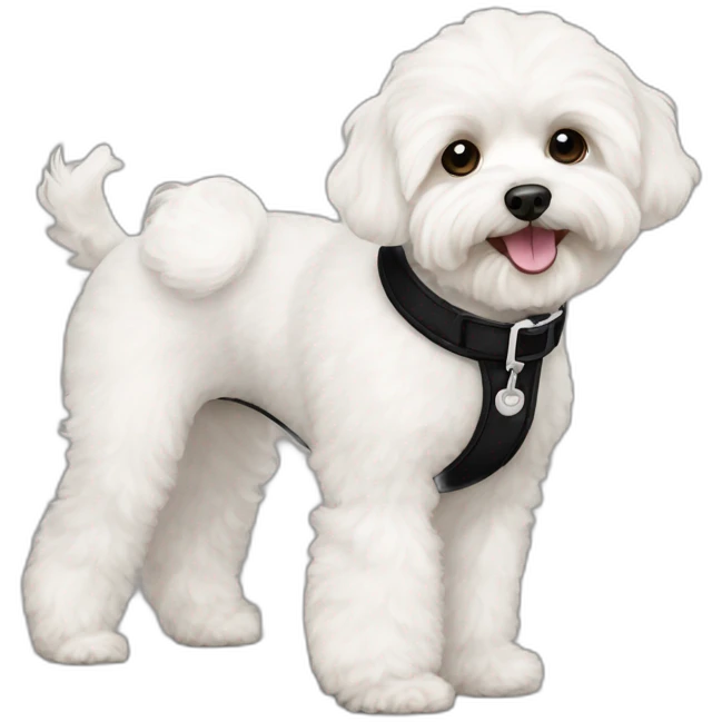 White maltipoo walking with black collar emoji