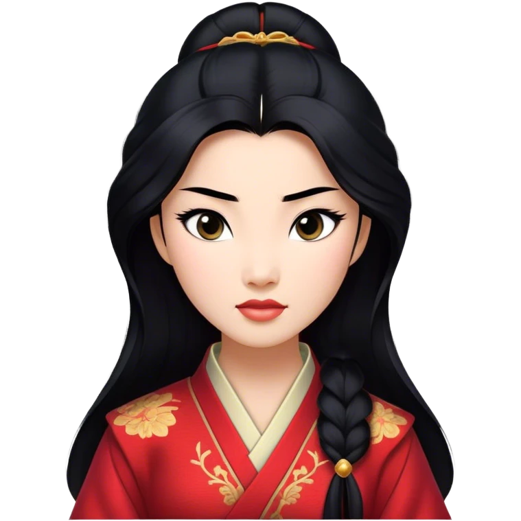 Cinematic Realistic Mulan Portrait, depicted with lifelike skin texture, soft natural lighting, and intricately detailed long black hair styled elegantly. Her deep, expressive eyes exude determination and grace, complemented by a serene yet confident expression. She is dressed in her classic attire, with rich fabric textures and delicate folds that catch the light beautifully. The portrait features a soft, enchanting glow with a natural, radiant finish, capturing the essence of timeless strength and beauty in a realistic and painterly style, evoking a sense of depth and authenticity. emoji