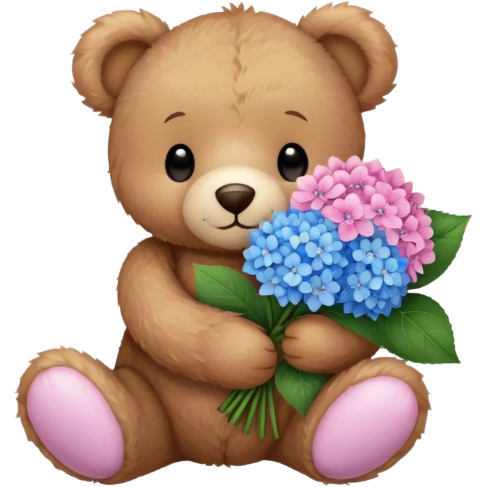 light brown teddy bear holding a pink and blue hydrangea bouqet emoji