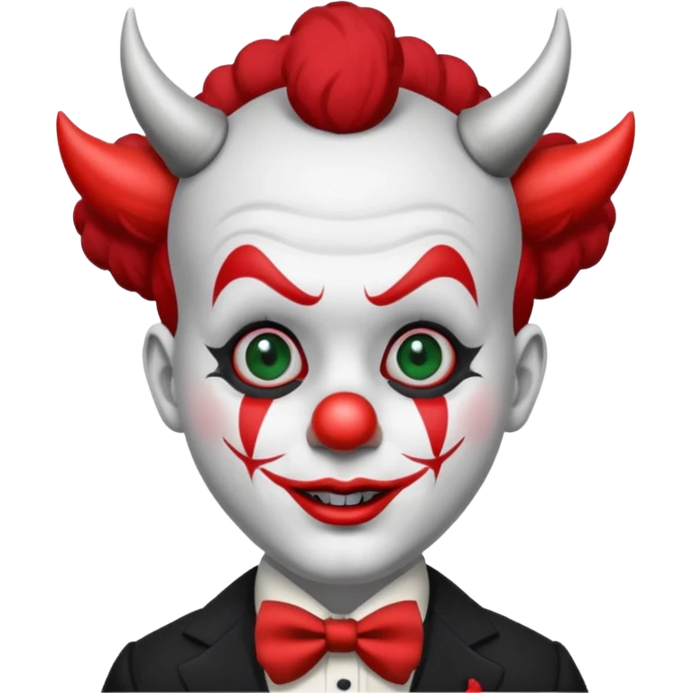 Crea un payaso con cara blanca que tenga en la frente una a en la cabeza, tengo unos cuernos negros y que en el cuerpo tengo un traje negro con rojo emoji