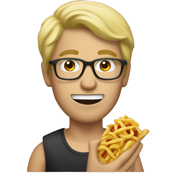 A man with blonde hair and glasses, eating a leg emoji
