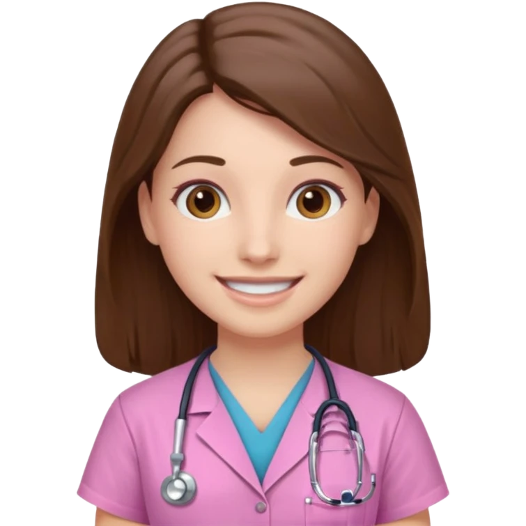 doctor, pink, she, hair brown, eyes brown, scrub baby pink, white skin, long hair, smile  emoji