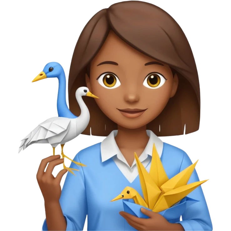 happy-african-young-girl-with-brown-hair-in-a-white-kanga-shirt-holds-an-origami-yellow-and-blue-crane emoji