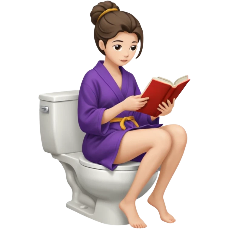 A woman is sitting on the toilet, her pants are pulled down and she it reading a book. Side view emoji