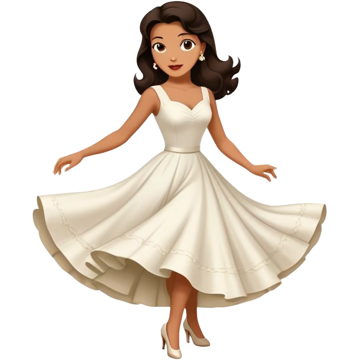 Beautiful woman in 1950’s woman fashion look, white dress, long dark brown hair, balboa dance emoji