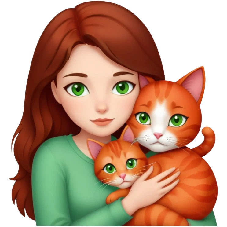 Brunette girl with green eyes snuggling red cat emoji