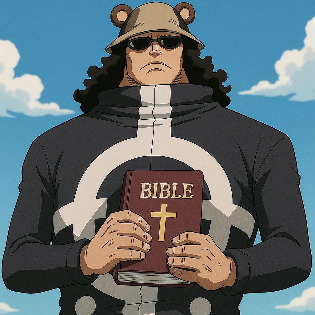 Bartholomew Kuma from One Piece, standing with Bible book, bear hat, sunglasses, anime style emoji