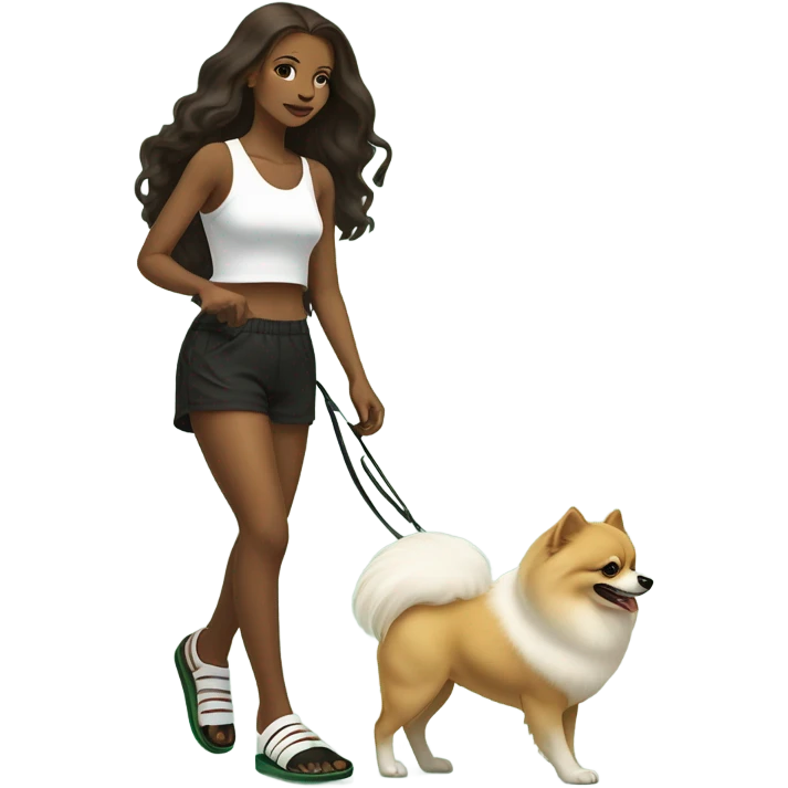 light skin skinny women with brown long hair, worn down, parted to the side, wearing black shorts, white tank, black flip flops, walking only 1 white pomeranian on a green leash emoji