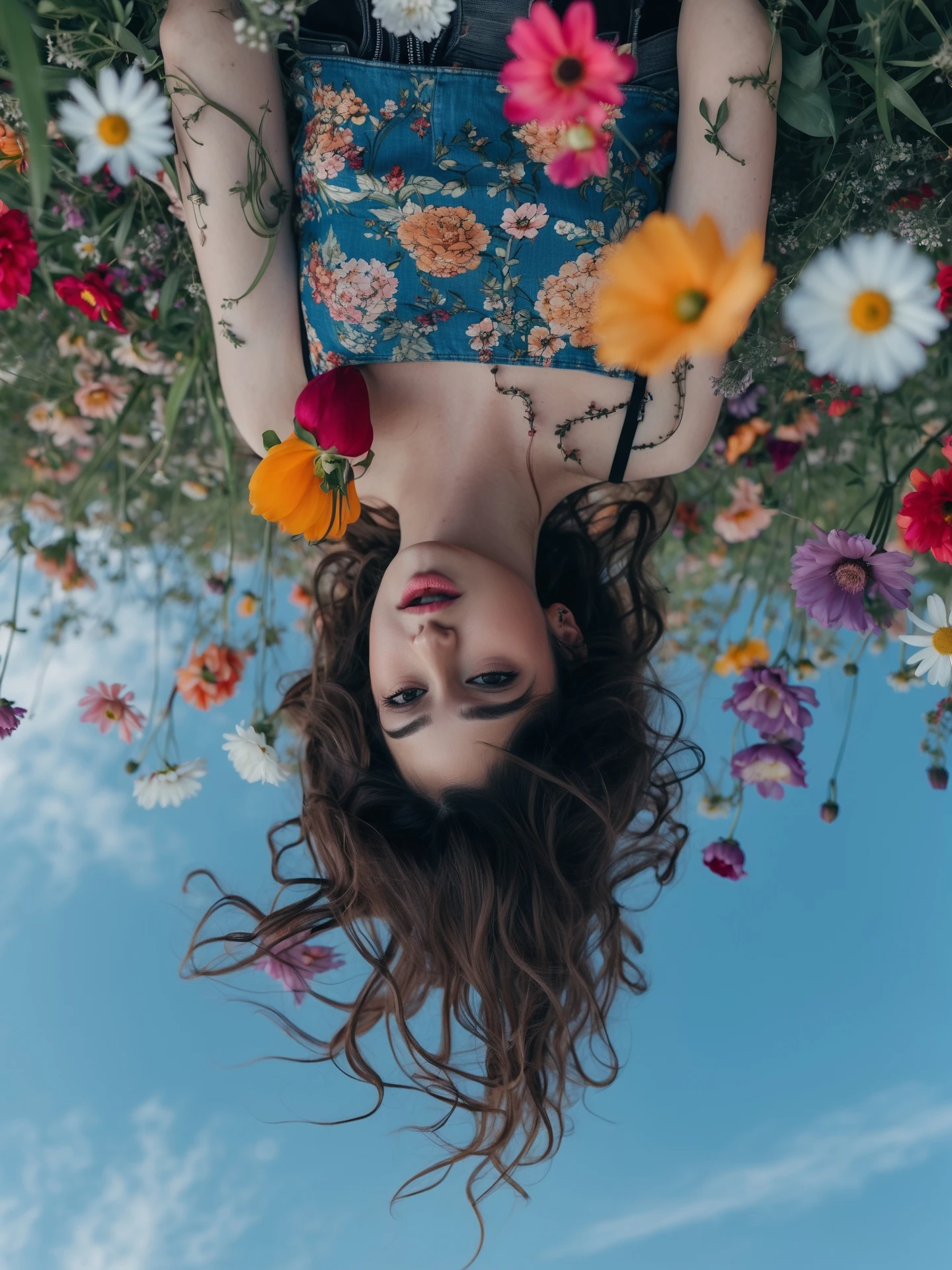 Closeup photo of a woman falling down (almost hit the ground) around colorfull flowers wearing alternative fashion, blue sky minimalistic background emoji