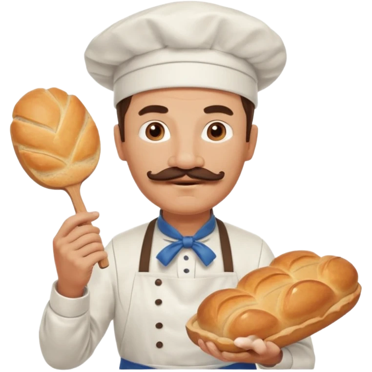 Middle aged male pastry chef - with a mustache, apron, white hat, holding bread emoji