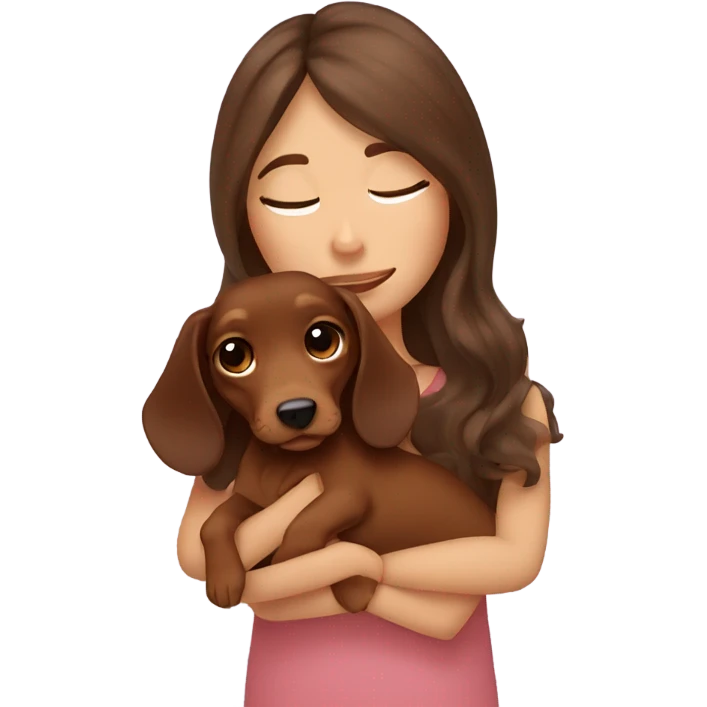 Brown long wavy hair girl cuddling a small brown dachshund emoji