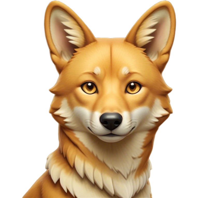Cinematic Noble Dingo Portrait Emoji, Poised and regal, with a lean, agile build and a short, sandy-tawny fur that speaks of the wild outback, deep-set soulful amber eyes and alert ears, Simplified yet sharp and sophisticated features, highly detailed, glowing with a soft, dignified glow, high shine, intelligent and resourceful, stylized with an air of untamed elegance, focused and attentive, soft glowing outline, capturing the essence of a watchful and confident wild canine, so majestic it feels as though it could trot out of the screen with effortless authority! emoji