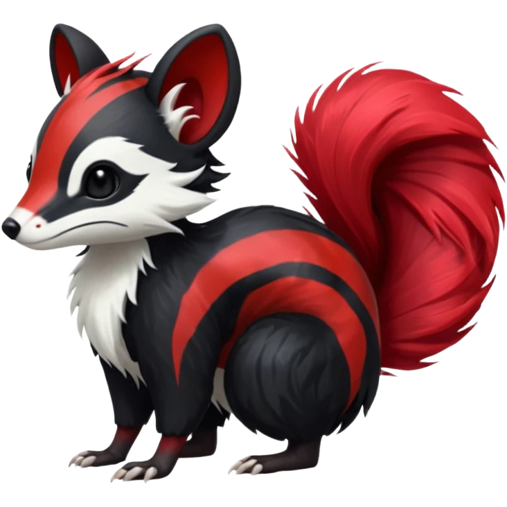 Feral Rare Fantasy shiny soft fuzzy furry vibrant tropical obsidian-black and crimson-red Vernid-Trico-species-creature by LiLaiRa, random markings, tufted tail, tufted ears, full body with markings with white skunk-tail-stripes emoji