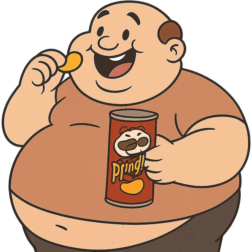 Make the round, happy figure with a can of Pringles even fatter, keeping the cartoon style, no background. emoji