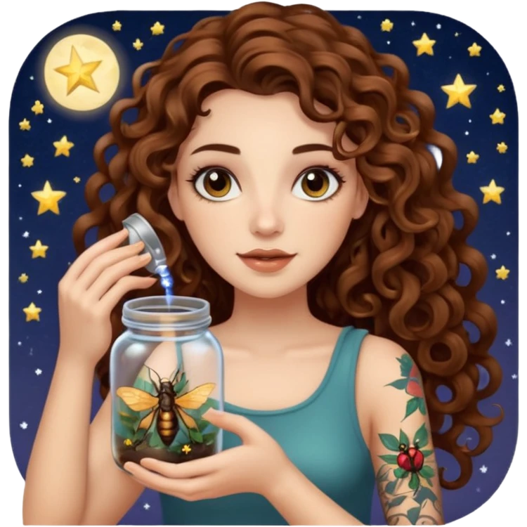 woman with long curly brown hair, brown eyes, white skin, tattoos, holding a jar of captured starlight insects emoji