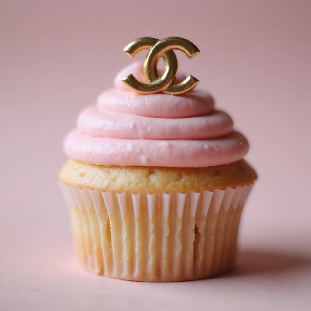 photorealistic pastel pink Chanel cupcake with a gold logo accent, luxury style emoji