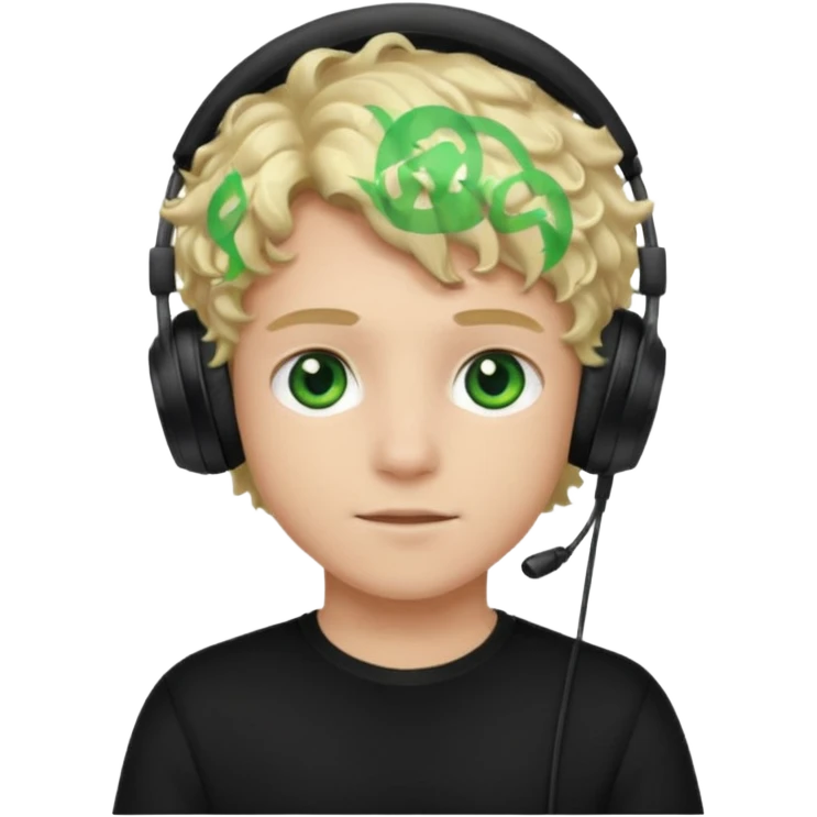 curly blonde haired boy with green eyes, wearing a black top and black gaming headphones emoji