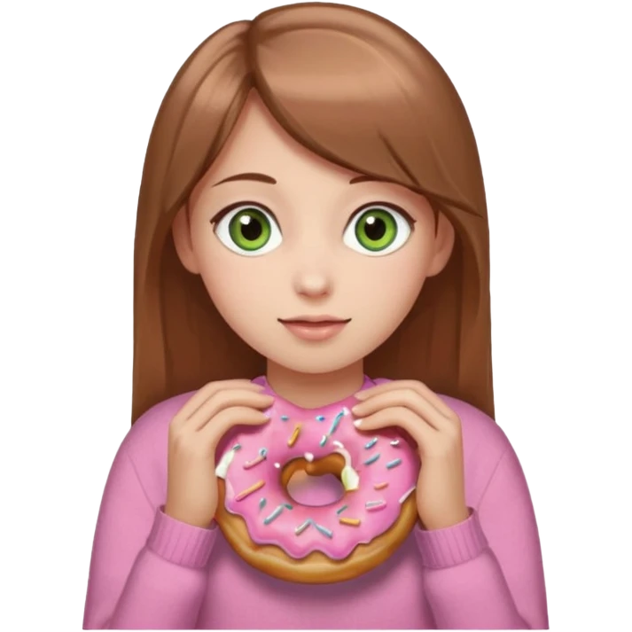 Девушка с русыми волосами и коричне- зелёными глазами и в розовой кофте где нарисованы пончики emoji