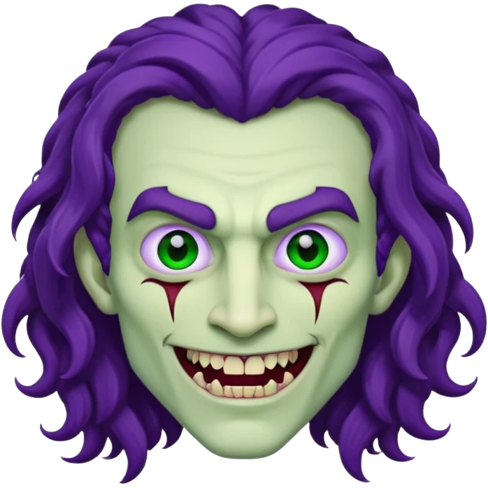 Vampire, long curly hair, male, fanged teeth, stitches with one side of face green and the other side purple, emoji