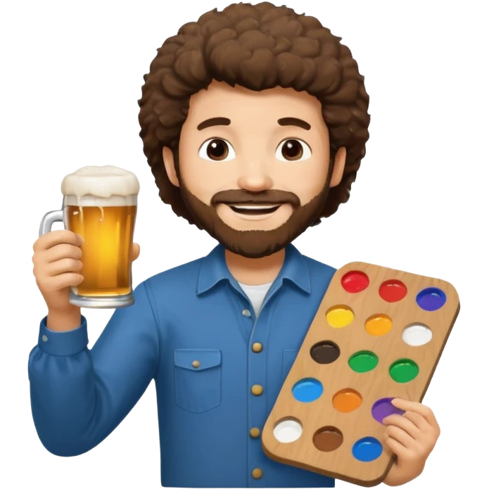Bob Ross wishing congratulations with a paint palette and a beer emoji