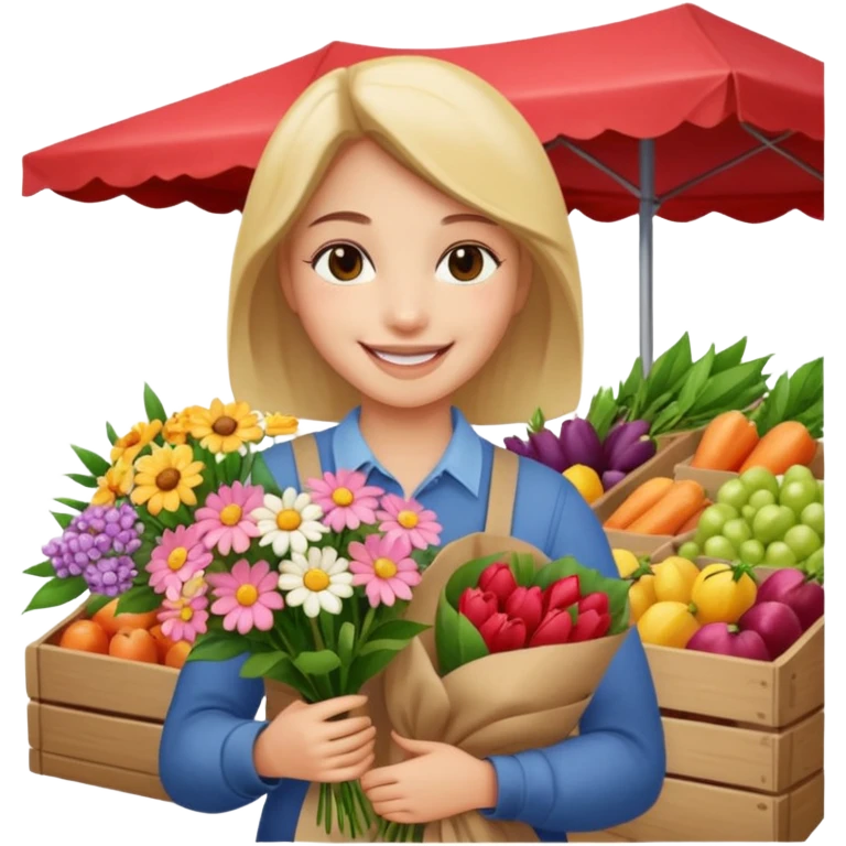 Shopper with flower bouquet,Farmers’ Market. emoji