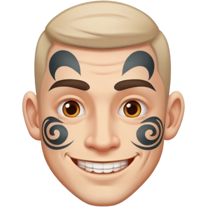 white man with bold face tattoo, happy face emoji