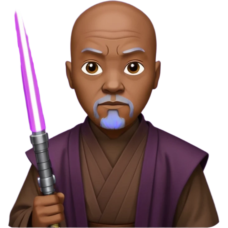 star wars master windu bald head, no facial hair, brown jedi outfit with purple lightsaber emoji