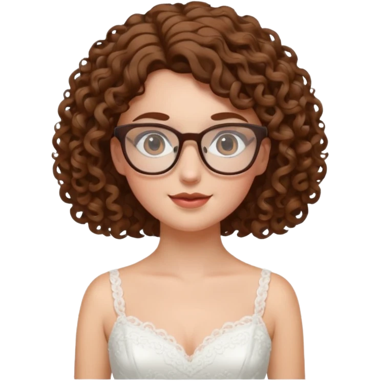 Chica blanca, pelo rizado y castaño,gafas, vestido novia corto, cuerpo entero emoji