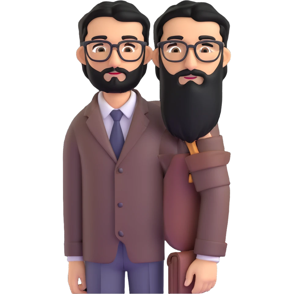professional middle eastern businessman with medium length black beard, black hair, thick unibrow, elongated nose, tan skin, brown eyes, glasses, wearing business casual outfit with open collar shirt emoji