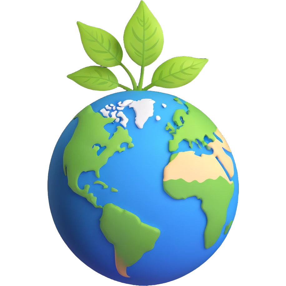 Green leaf on top of a round Earth globe, simple background, soft light emoji
