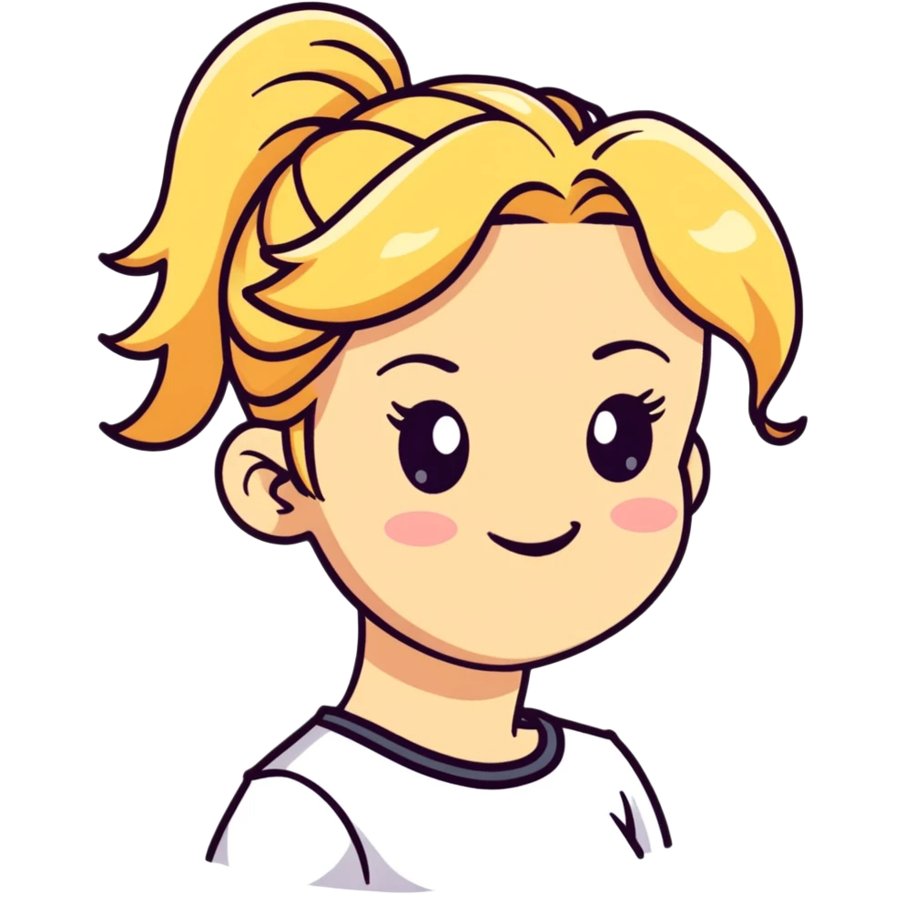 blonde girl with high pony hair, she is making a wink emoji
