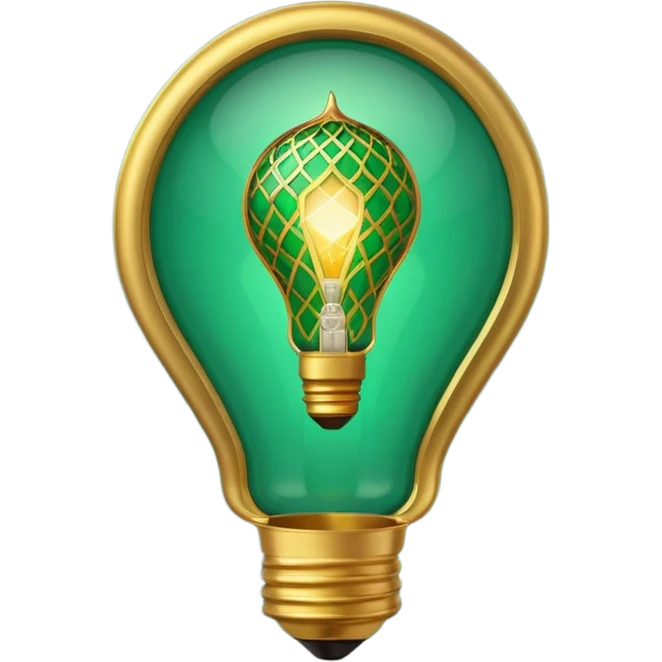 3D emoji, light bulb with Moroccan arabesque pattern inside, golden frame, glowing light, emerald green and gold colors, minimalist, white background. emoji