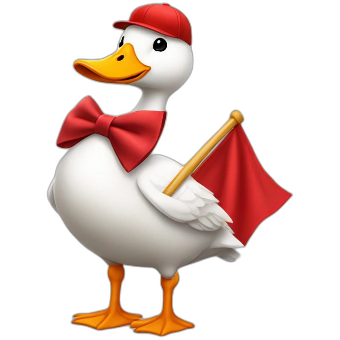 White goose wearing a red baseball cap and, bow tie on neck, holding big red flag, whole body emoji