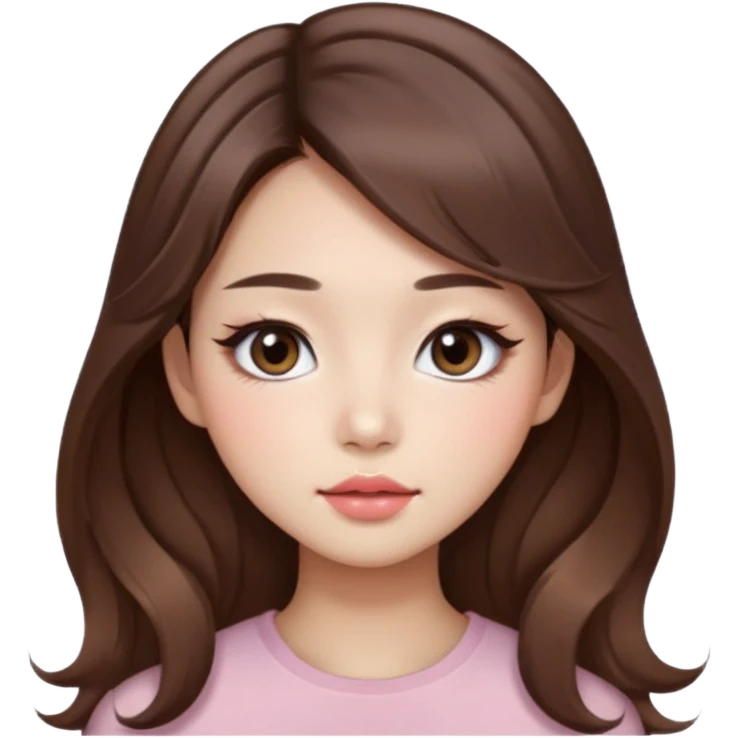 “korean straight brown hair Emoji girl, soft eyeliner and blush, gradient lips, light brown shimmer eyeshadow, long wavy hair,  emoji