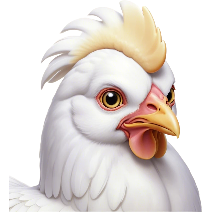 Cinematic Noble White Chicken Portrait Emoji, Poised and regal, with a compact, sturdy build and a pristine, well-groomed pure white plumage, deep-set soulful beady eyes, Simplified yet sharp and sophisticated features, highly detailed, glowing with a soft, dignified glow, high shine, intelligent and alert, stylized with an air of barnyard elegance, focused and attentive, soft glowing outline, capturing the essence of a watchful and confident fowl, so majestic it feels as though it could strut out of the screen with effortless authority! emoji