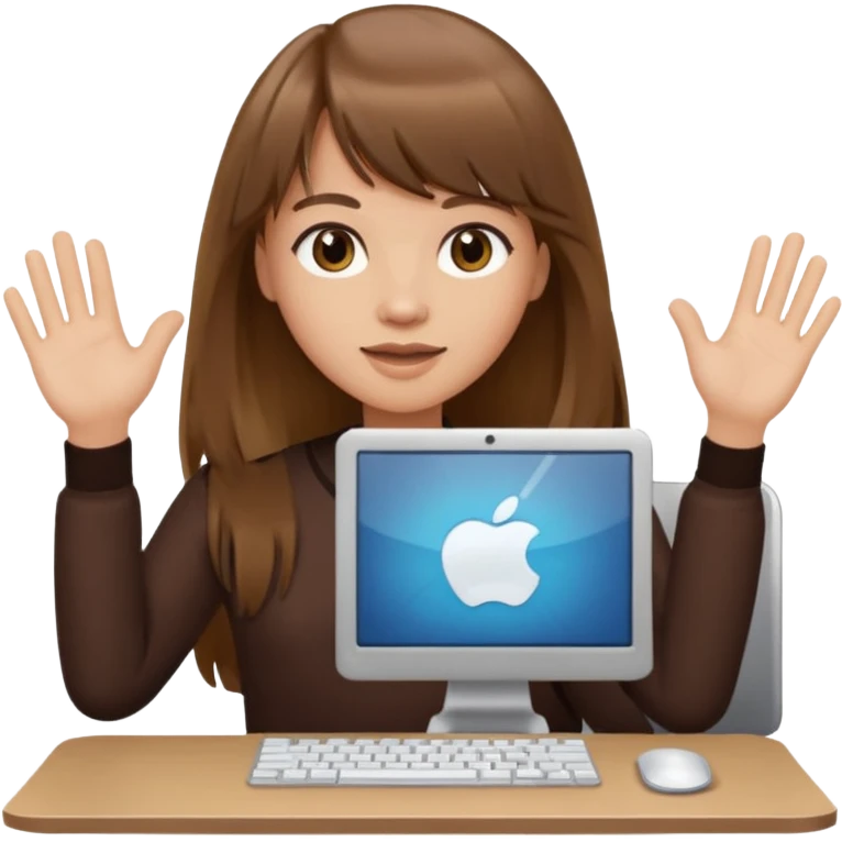 a designer with light skin long brown hair bangs waving with computer, no glasses emoji
