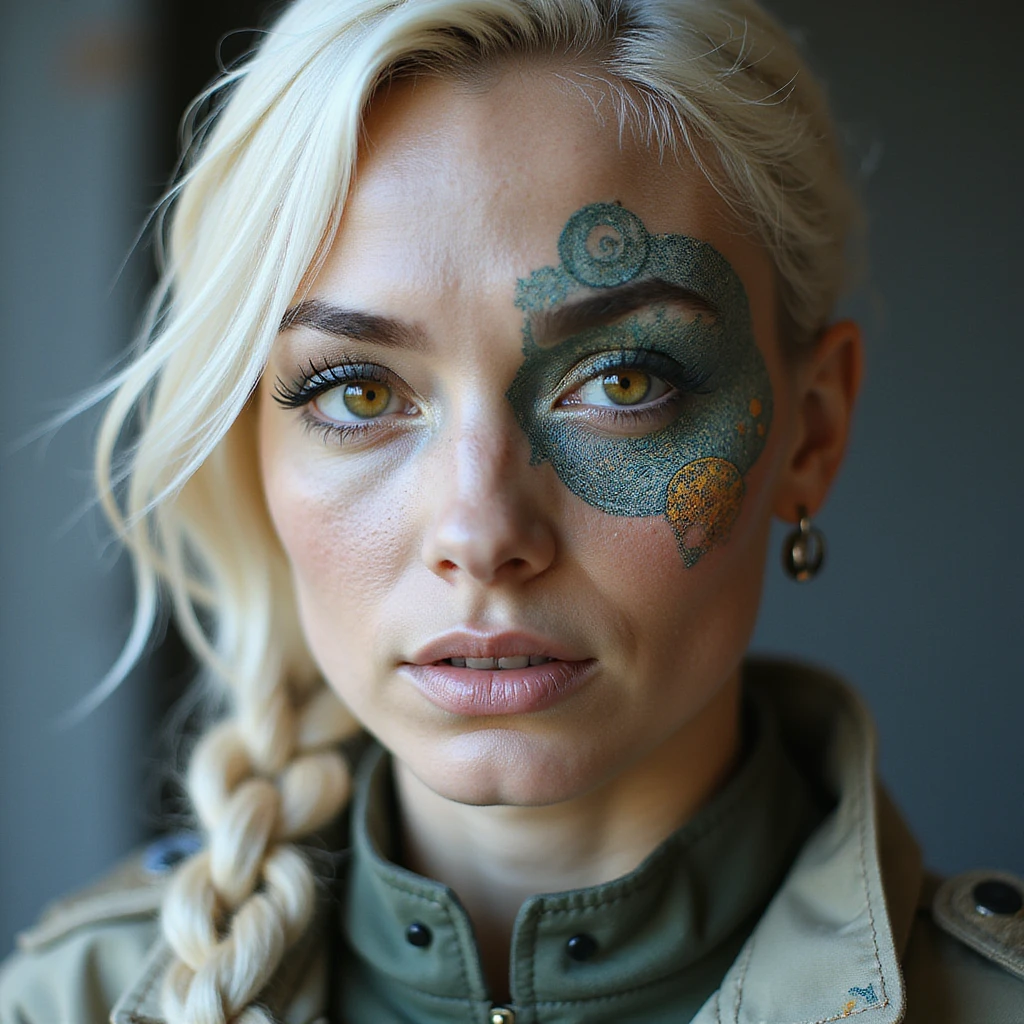a banknote bill. full frame close up of a "20 crisp" banknote. futuristic, cyberpunk. stellar and planetary style designs adorn the bill. the face pictures is a woman in her 20's, gold yellow eyes, white hair in a single long braid, side of head shaved. she wears a military flight bdu emoji