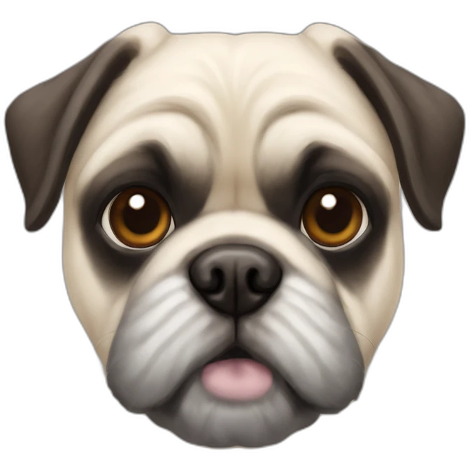 A pug cross bred with a schnauzer with fully white furr and brown eyes emoji