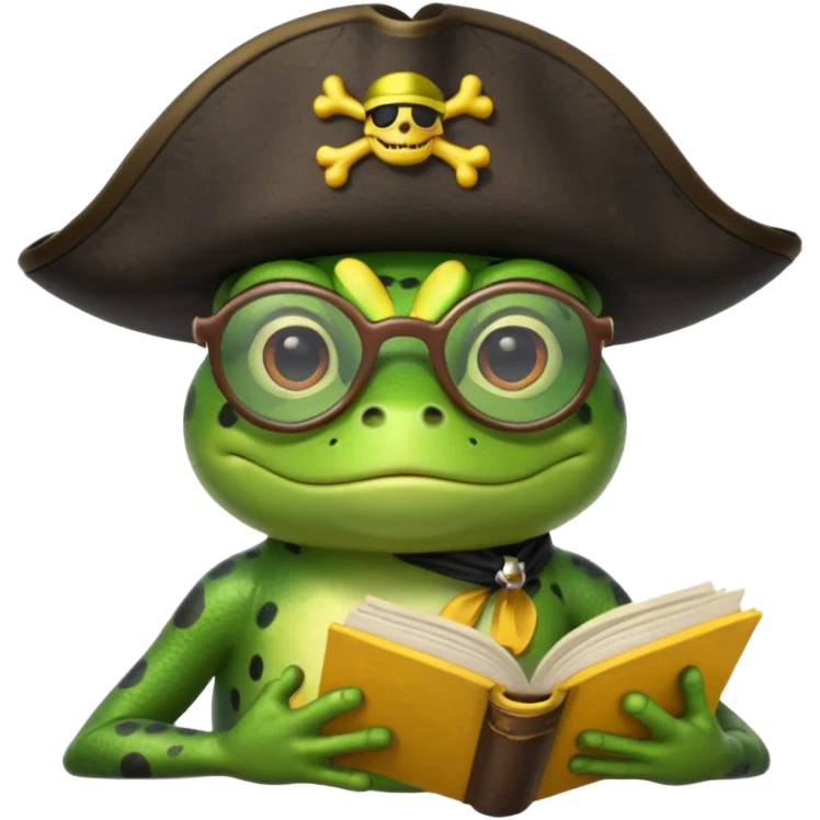 frog wearing pirate hat with glasses and yellow book emoji