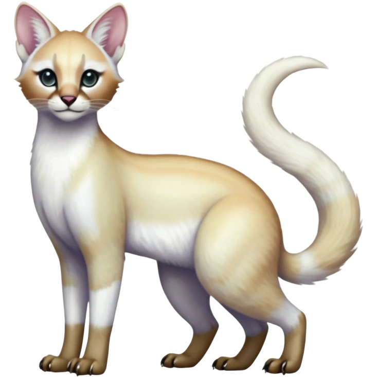 Colorful tropical pearly-albino-white iridescent glorious divine exotic cute cool beautiful shiny beautiful fantasy-caracal-civet-genet-sergal-vernid-Cacomistle-oncilla-animal-Fakémon-hybrid-fursona (full body) emoji