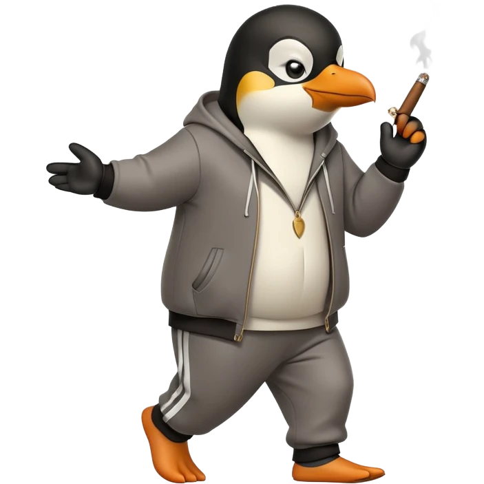 friendly anthropomorphised penguin wearing a mafia-style tracksuit, holding a cigar, secretive scheming pose, angry expression, stomping while walking emoji