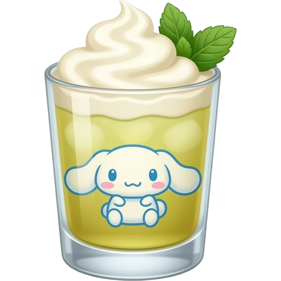 cinamonroll the sanrio character themed cocktail with actual illustration of cinamonroll as a garnish emoji